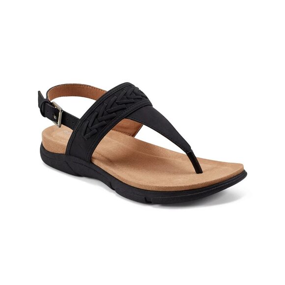Easy Spirit Monte Woven T-Strap Faux Leather Flat Sandals Black Size 8.5W - Picture 1 of 4